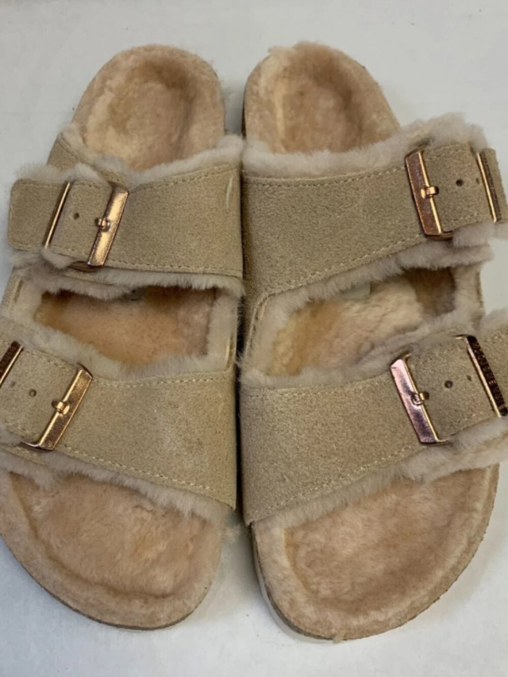 Birkenstock Arizona Shearling Nude Suede Leather Narrow Width Sandals
